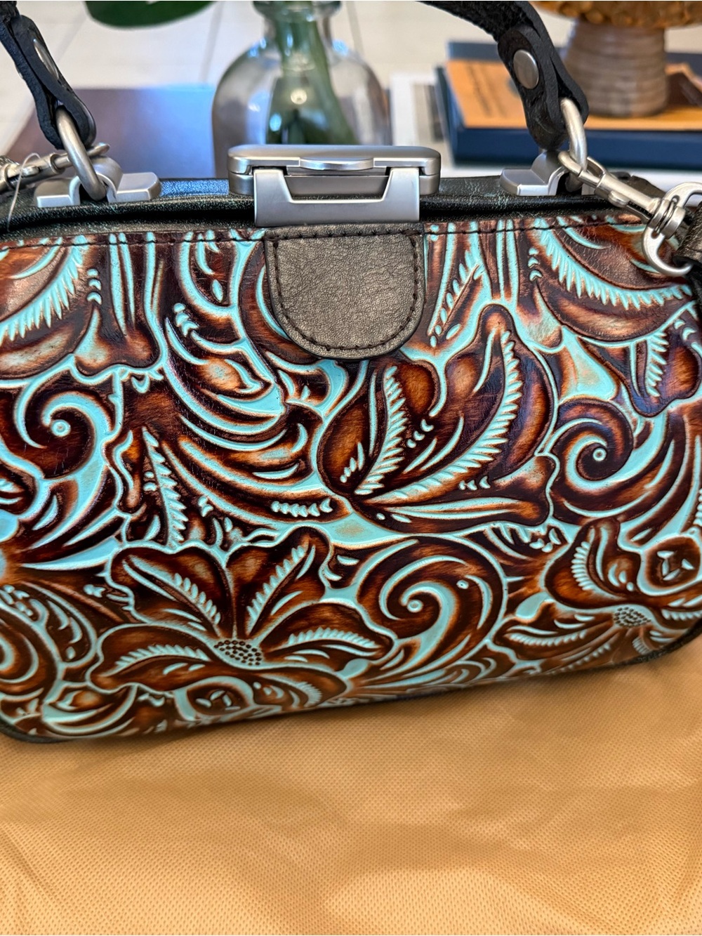Patricia Nash Turquoise and Brown Floral Tooled Leather Shoulder Bag